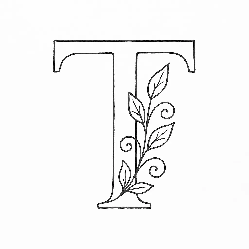 Florales Alphabet – Buchstabe T mit Blattverzierung malen
