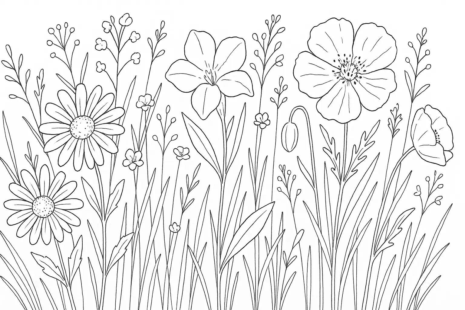 Ausmalbild Blumenwiese – Malvorlage für Kinder gratis PDF