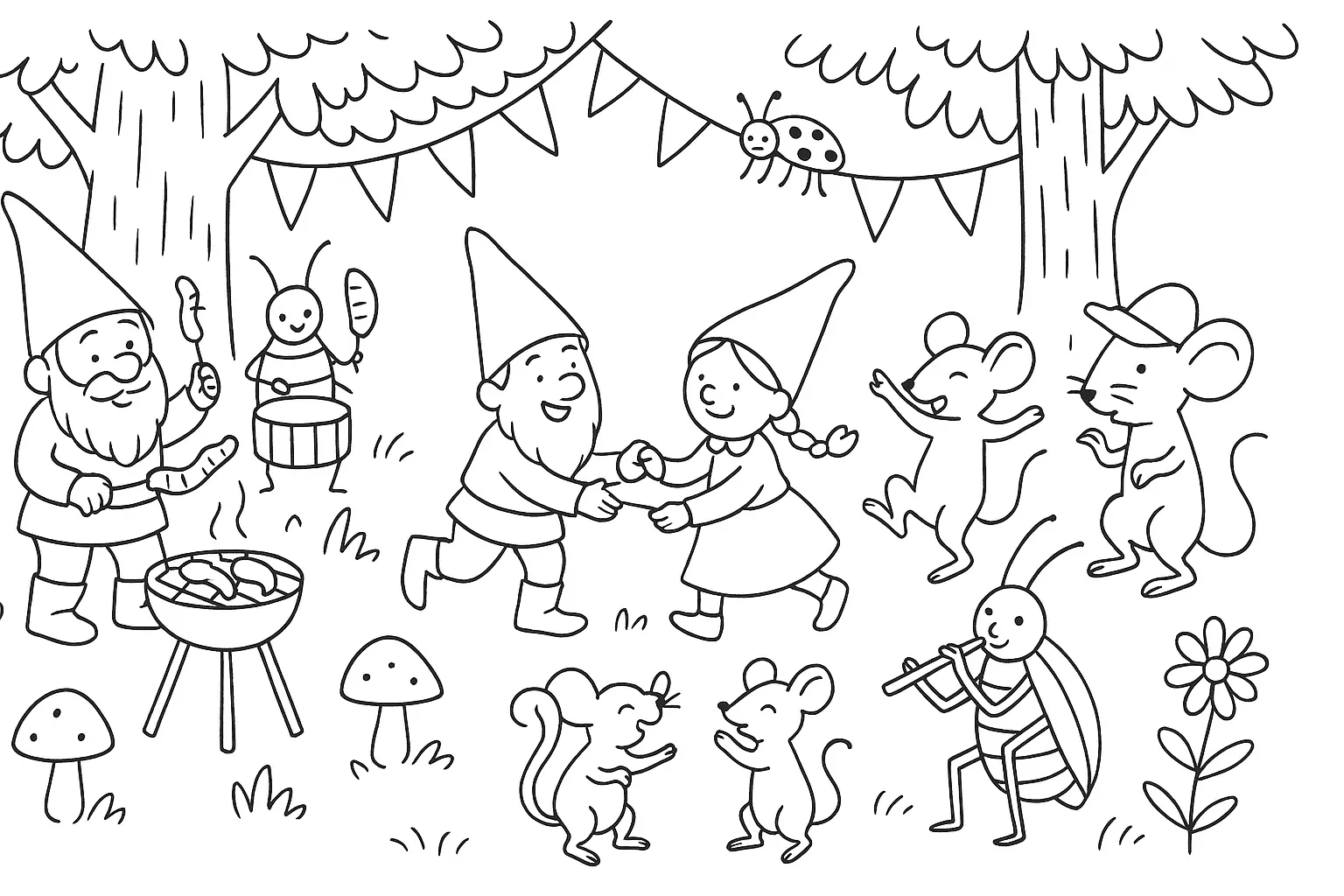 Malvorlage mit Wichteln beim Fest im Wald zum Ausdrucken