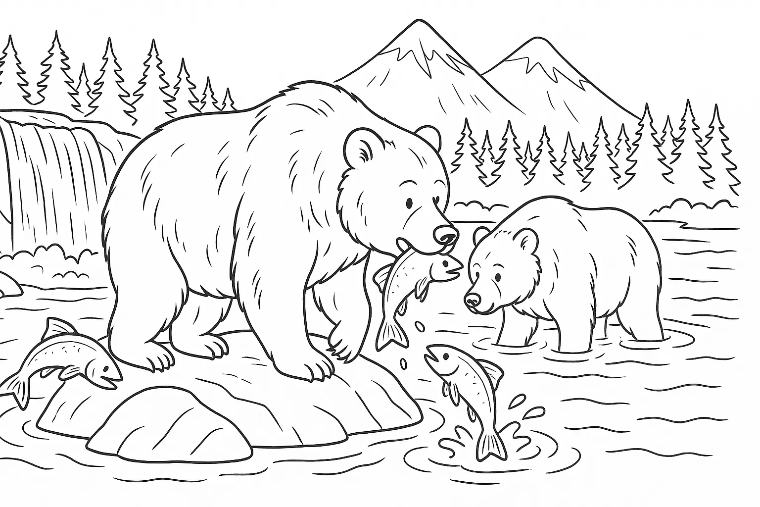Ausmalbild mit Bären im Fluss beim Fische fangen gratis