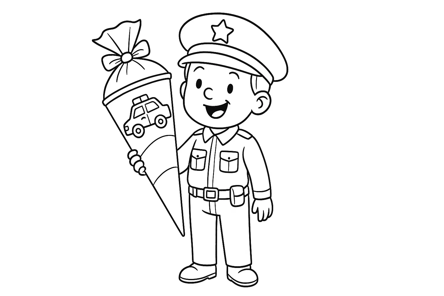 Kostenloses Ausmalbild Kind in Polizeiuniform mit Schultüte
