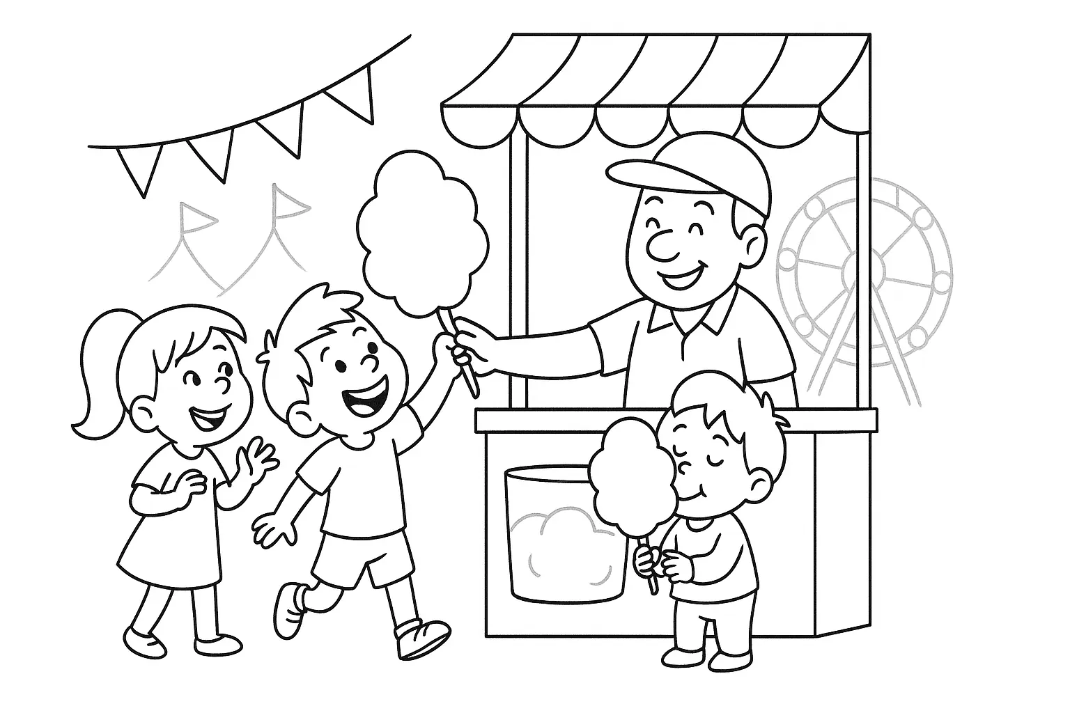 Kostenloses Ausmalbild mit Kindern am Zuckerwattestand