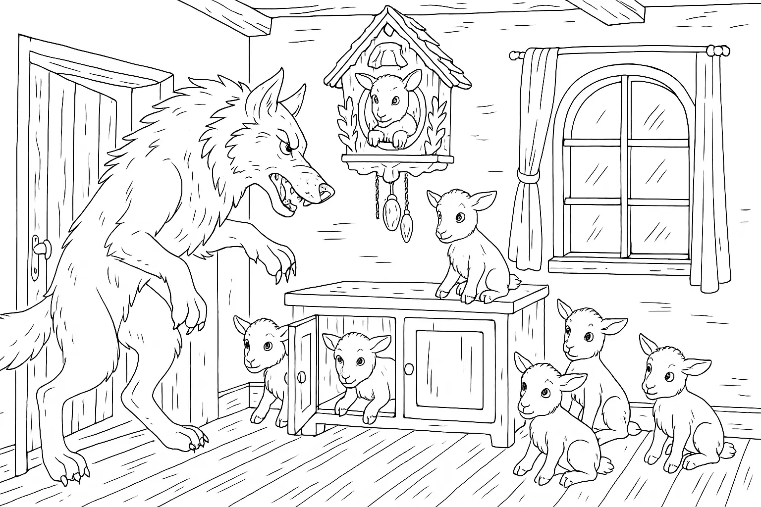 Kostenloses Ausmalbild: Der Wolf und die sieben Geißlein