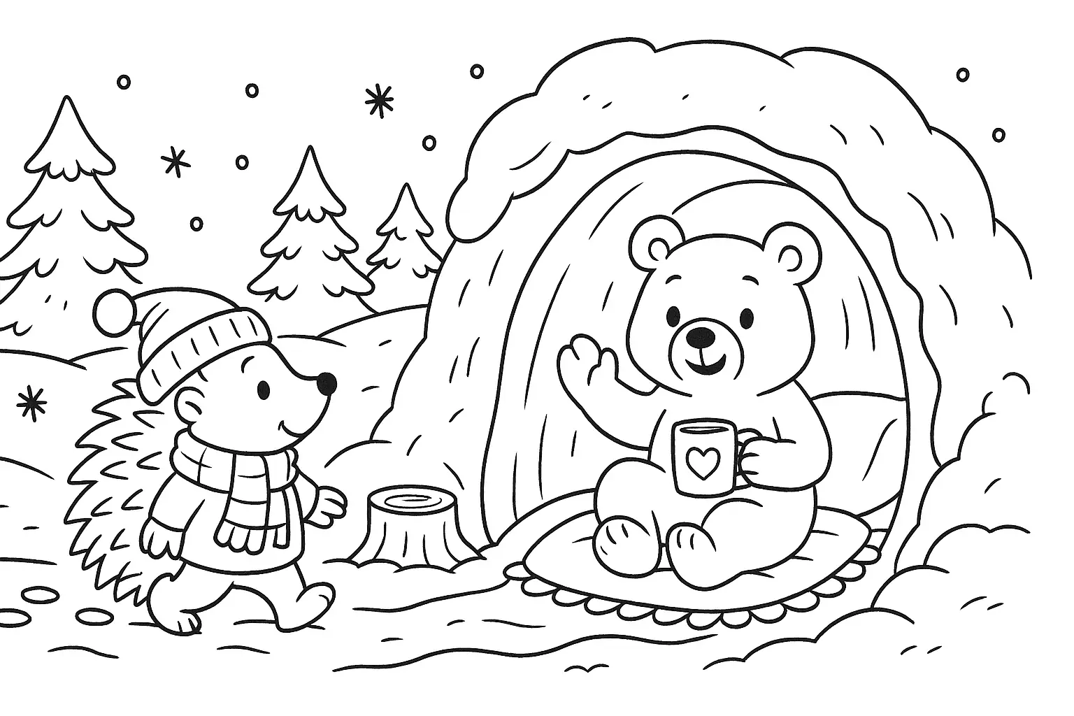 Freundschaft im Schnee – Igel & Bär als Ausmalvorlage