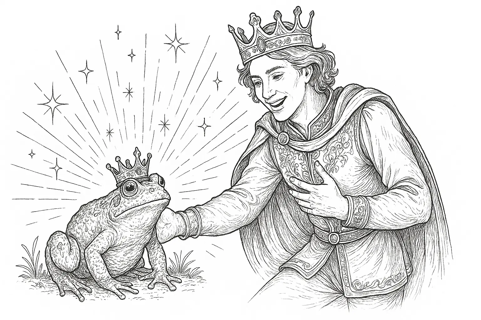 Froschkönig verwandelt sich zum Prinzen – Ausmalbild gratis