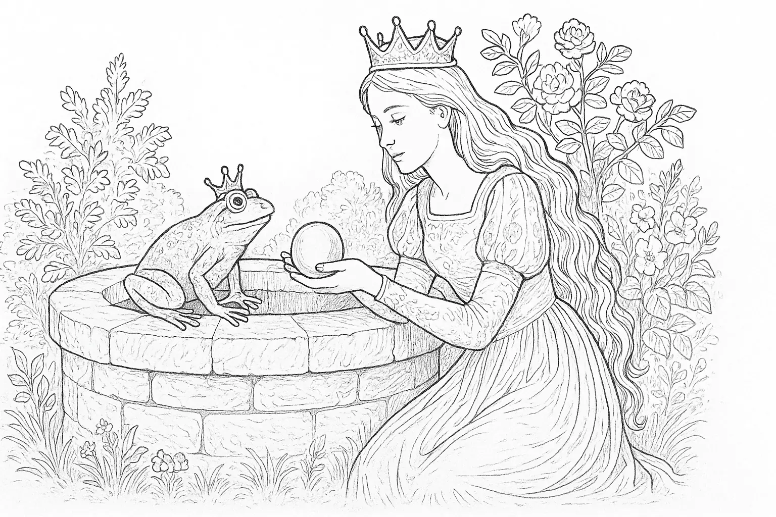 Froschkönig mit Prinzessin am Brunnen – Ausmalbild kostenlos