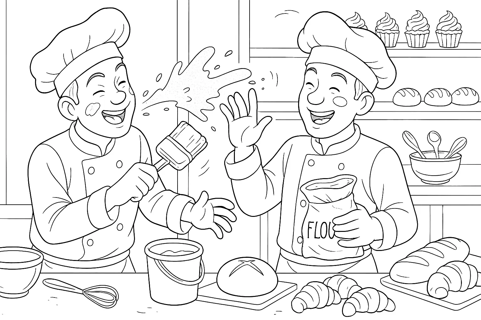 Divertida guerra de harina en la panadería