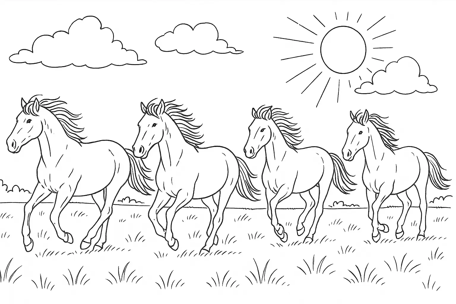 Pferde im Galopp: Ausmalbild als PDF für Kinder herunterladen