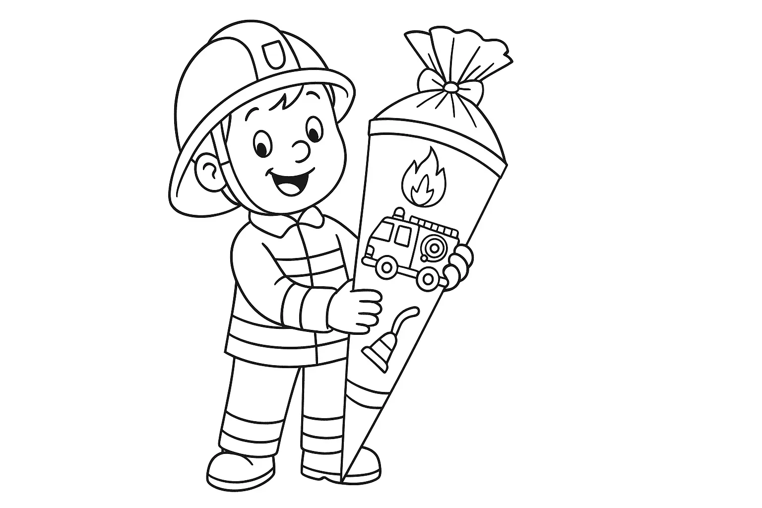 Hol dir das Feuerwehrmann-Kind mit Schultüte zum Ausmalen