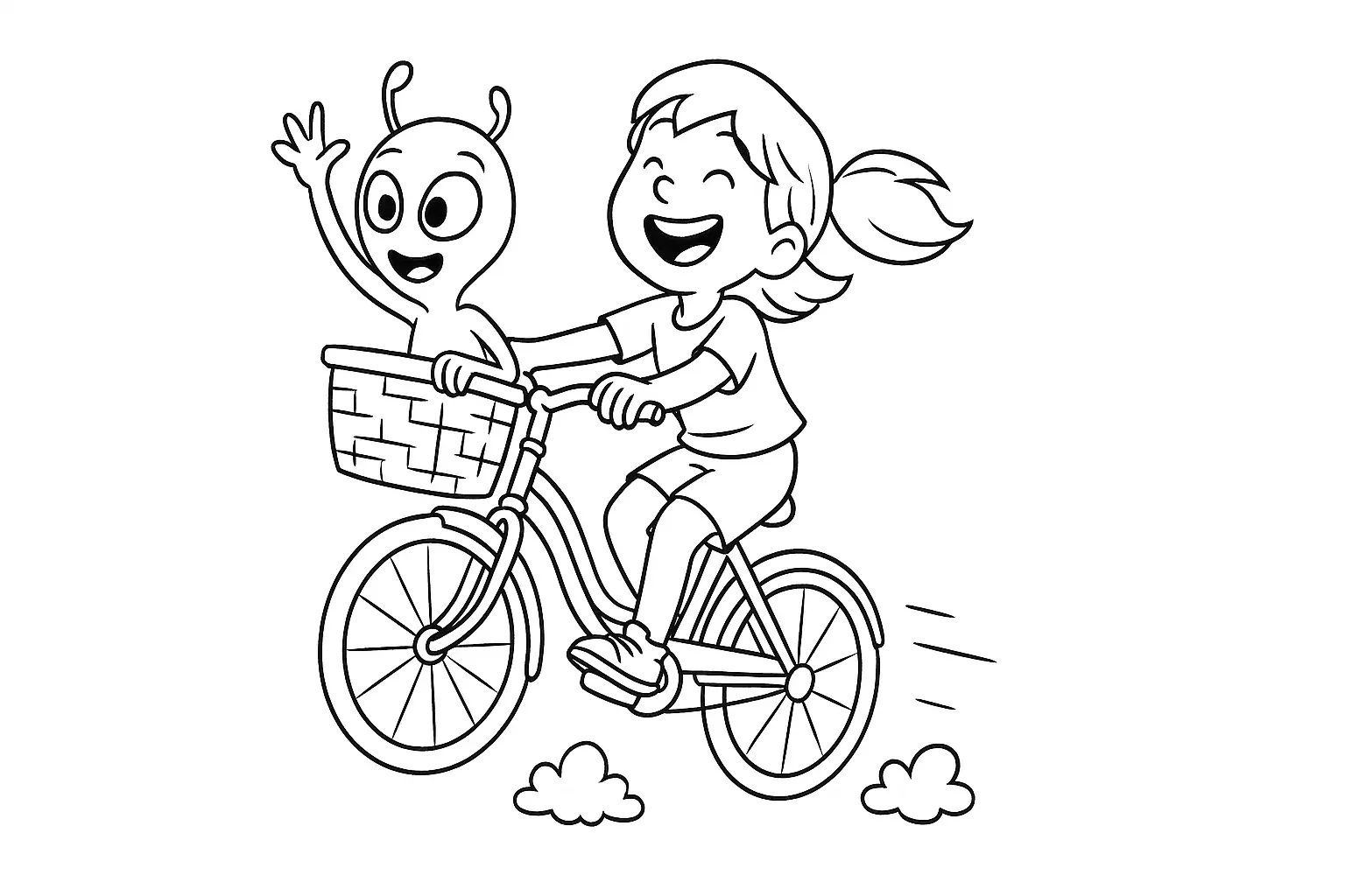 Mädchen mit Fahrrad Ausmalbild – Alienfreund im Fahrradkorb