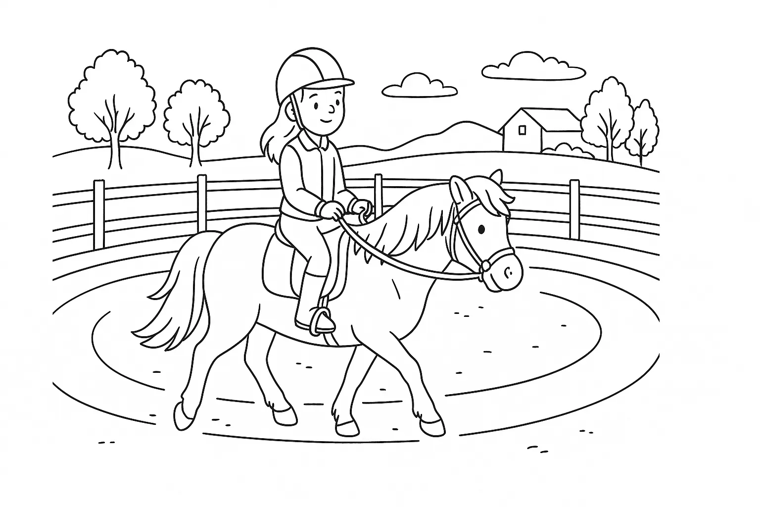 Mädchen beim Reiten – Schönes Pferde-Ausmalbild gratis