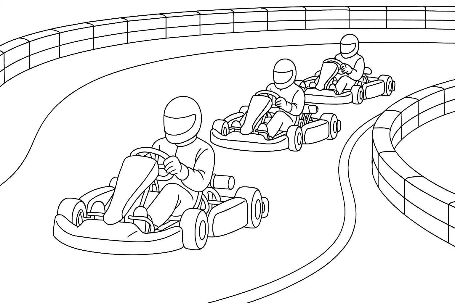 Go Kart Rennen Ausmalbild: drei Karts auf der Strecke