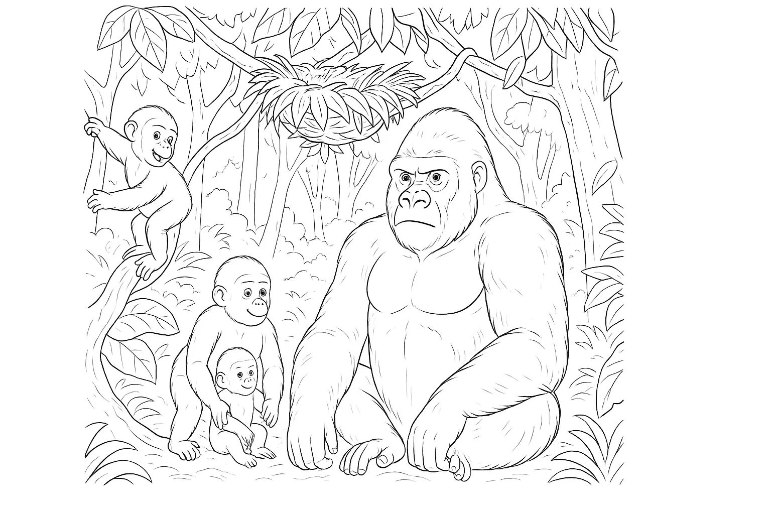 Hol dir die Gorilla Familie auf einer Malvorlage für Kinder