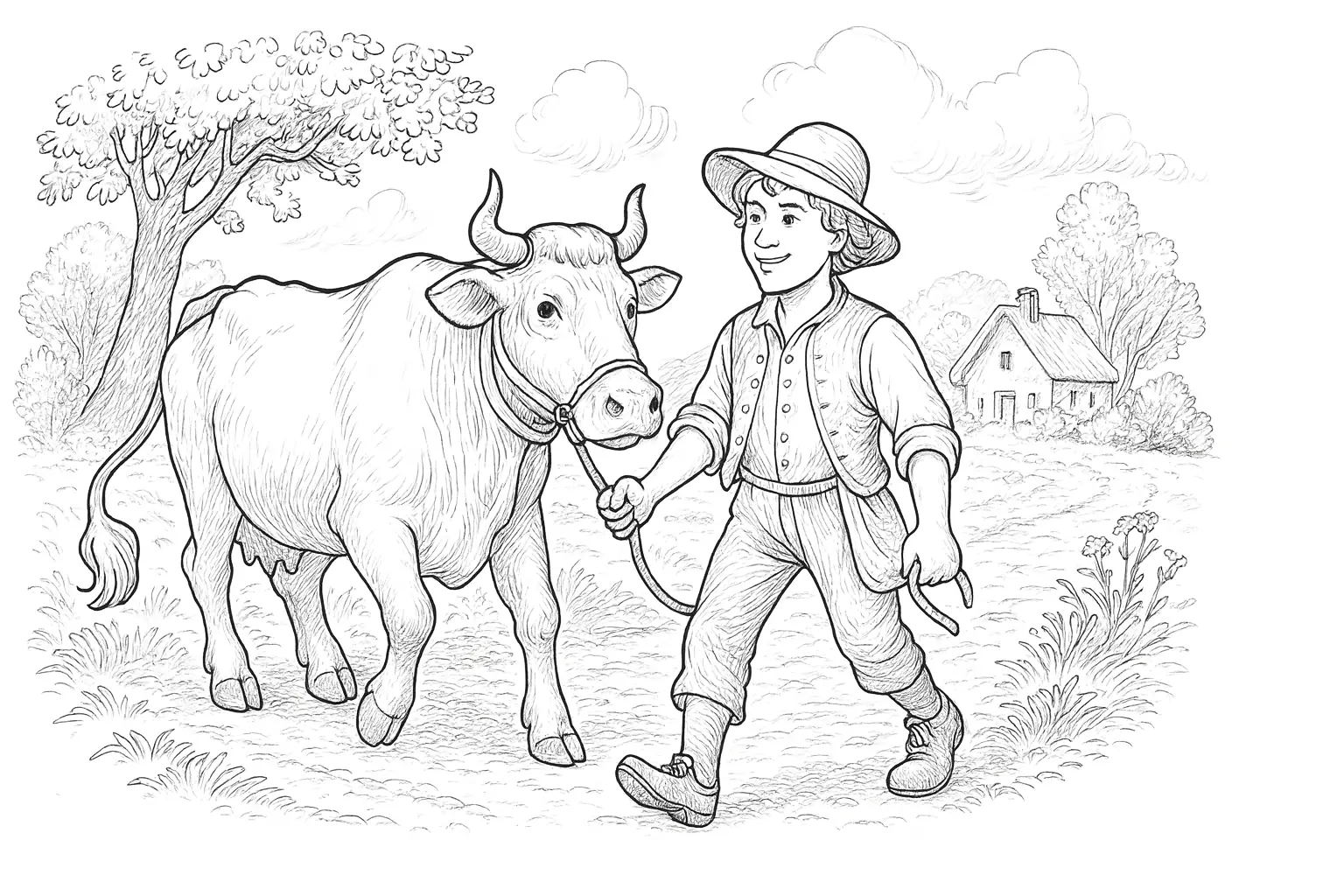 Ausmalbild Hans im Glück – Szene mit Kuh & Junge