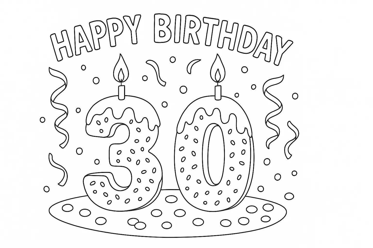 Happy Birthday 30 – Ausmalbild mit Zahlen und Deko