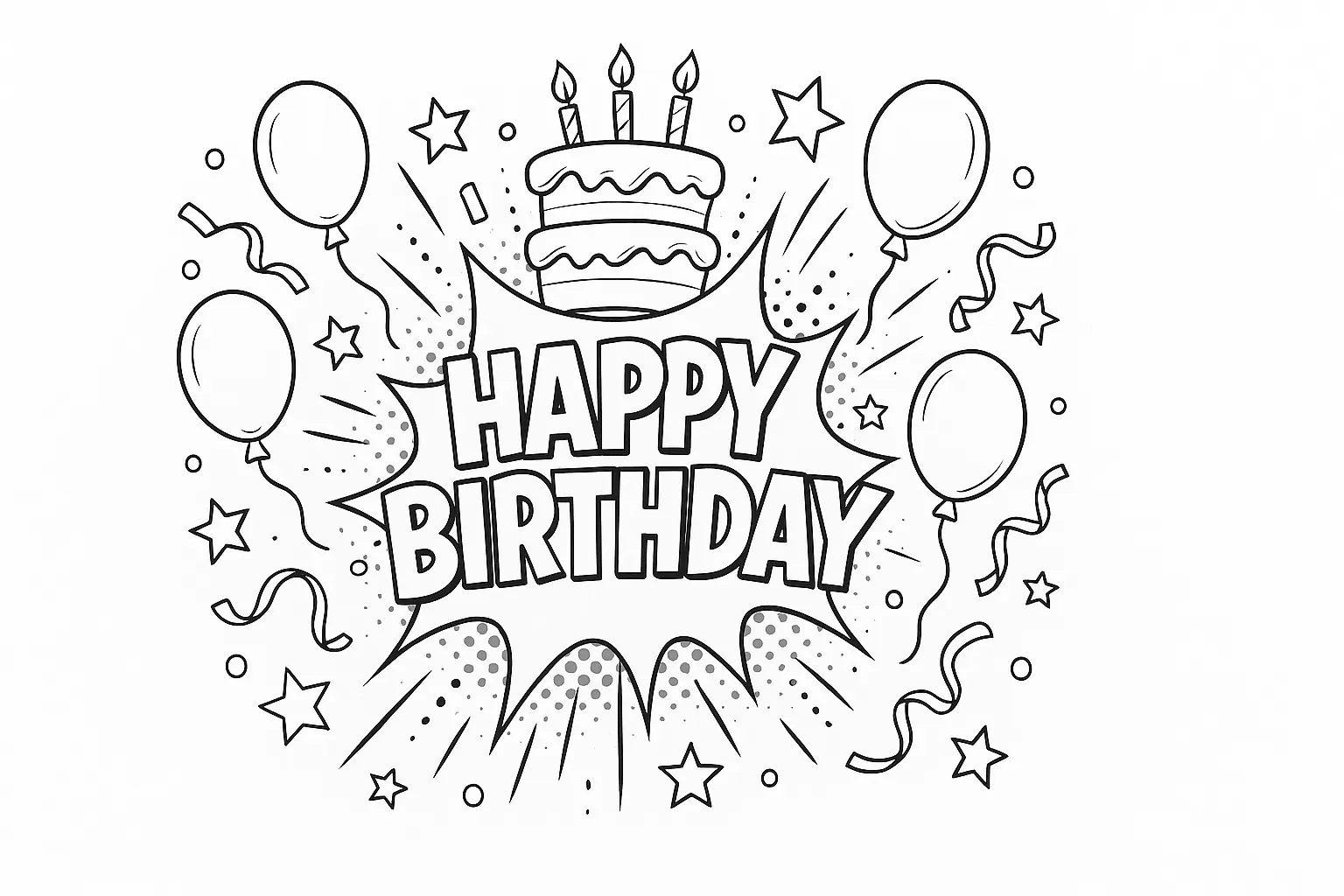Happy Birthday zum Ausmalen – mit Torte, Kerzen & Deko