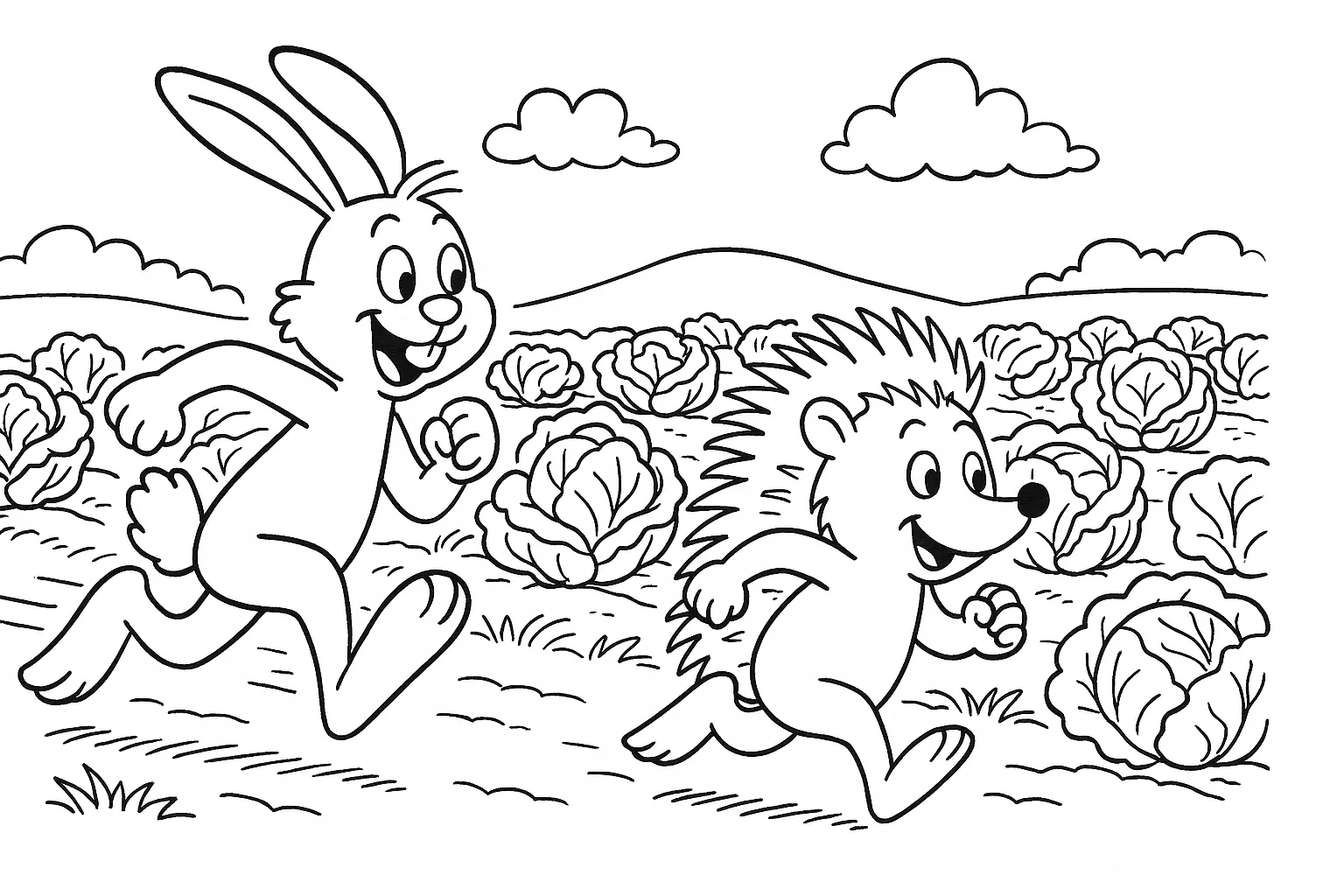 Hase und Igel beim Rennen – gratis Malvorlage ausdrucken