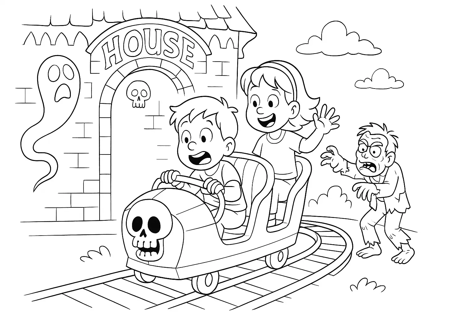 Geisterbahn Ausmalbild: Kinder im Spukhaus-Wagen