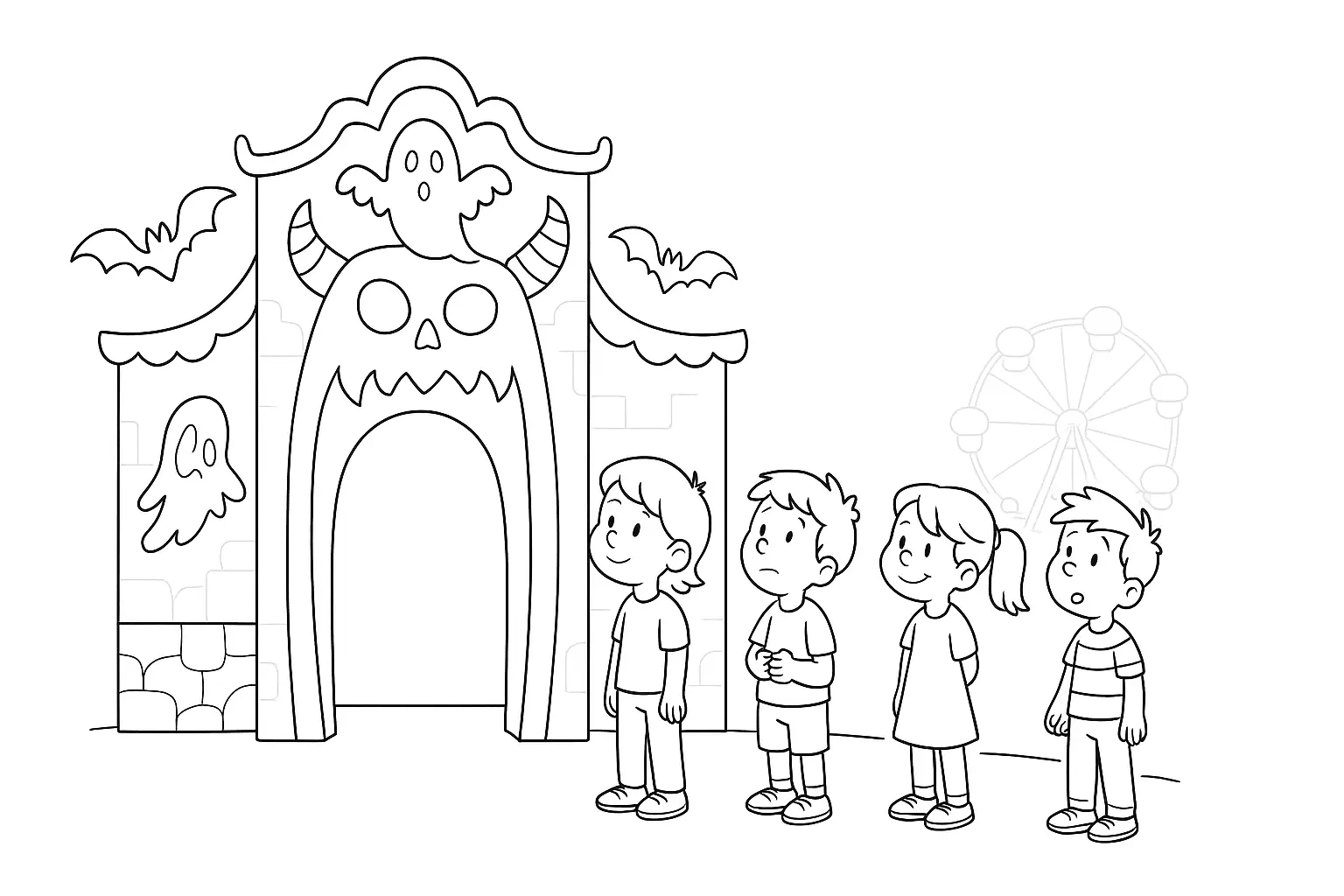 Geisterbahn mit Kindern – Malvorlage zum gratis Download