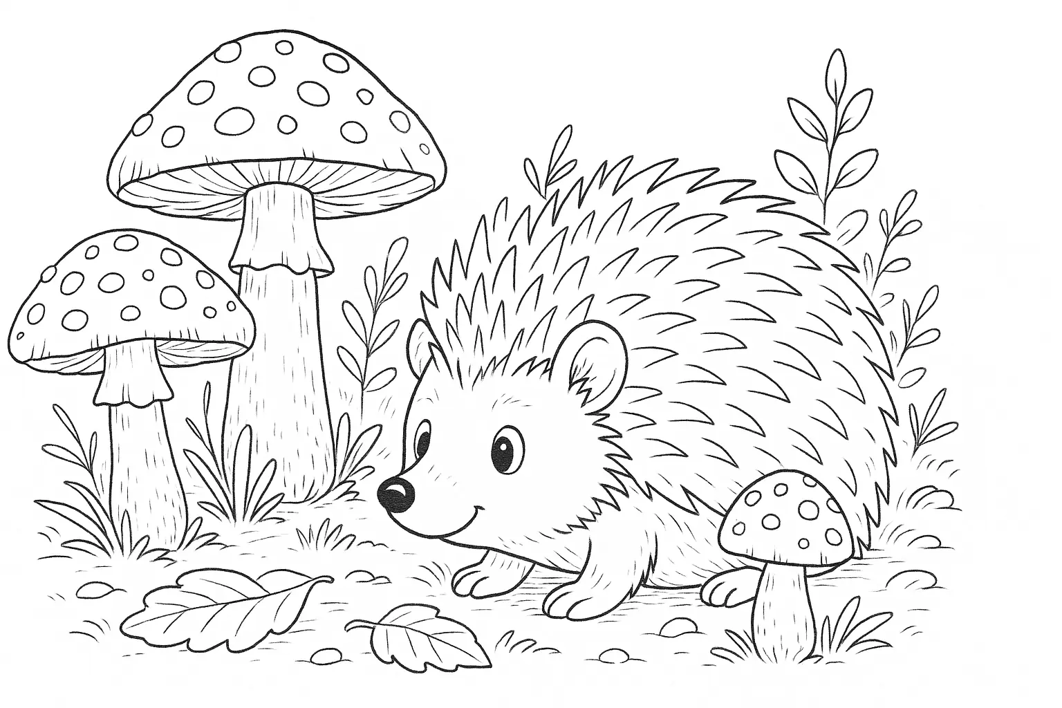 Igel im Wald – herbstliches Ausmalbild mit Pilzen & Laub