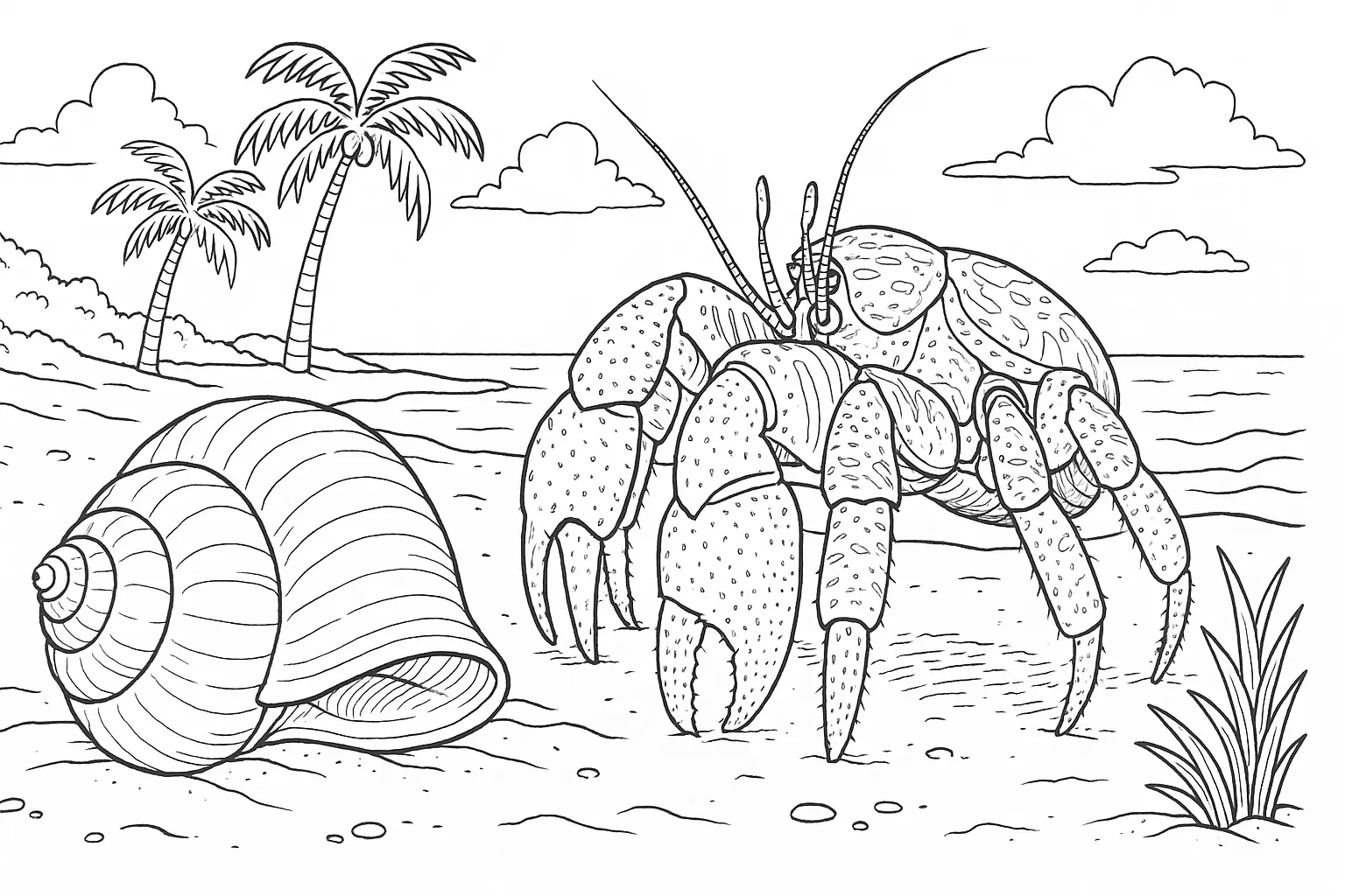 Einsiedlerkrebs am Strand – maritimes Ausmalbild