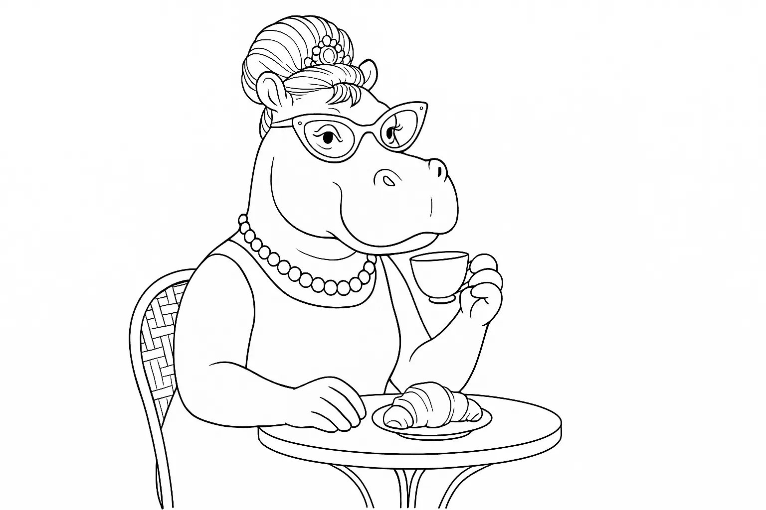 Nilpferddame beim Frühstück – Ausmalbild mit viel Stil