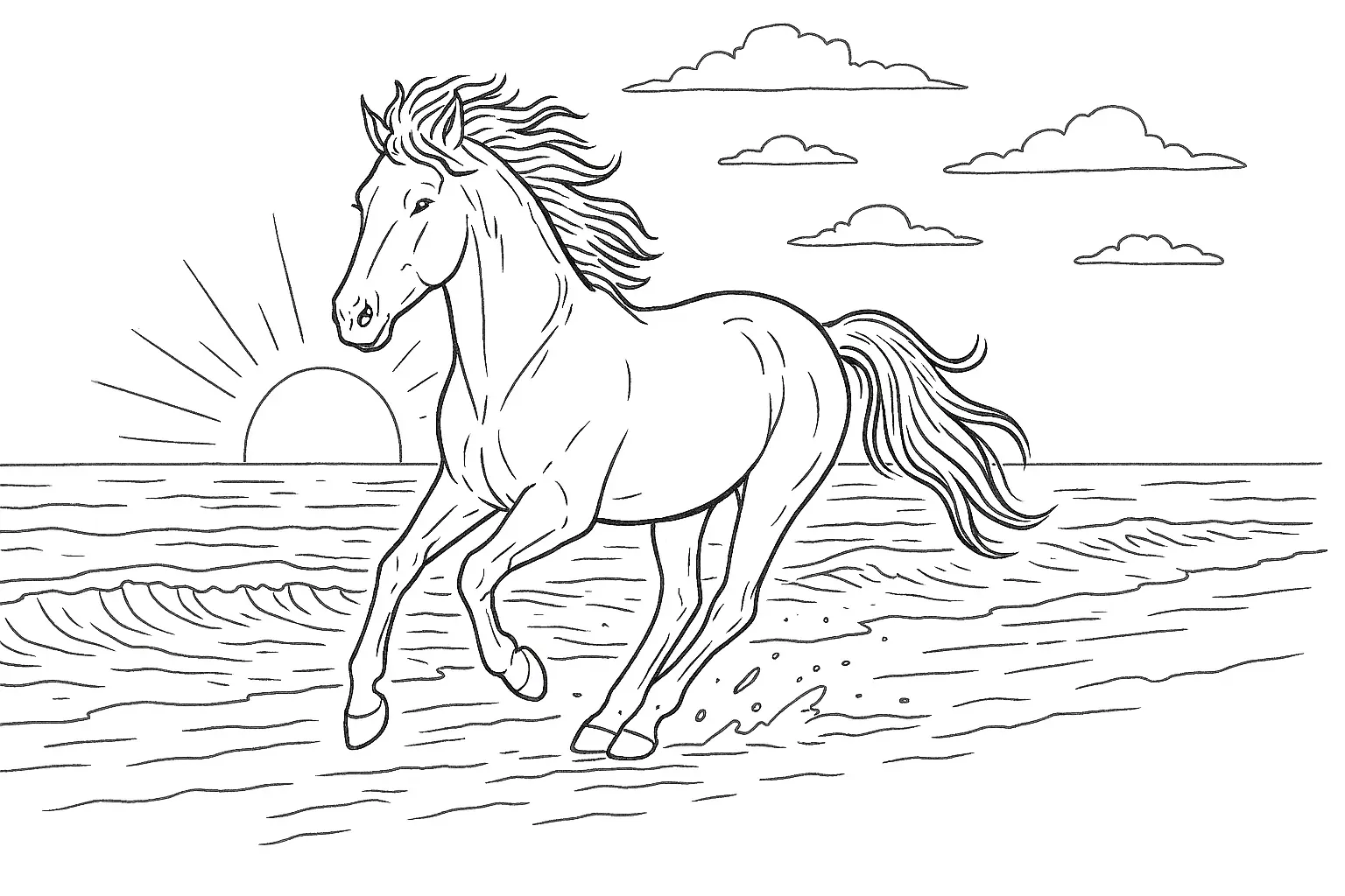 Pferd am Strand – Ausmalbild mit Sonnenuntergang