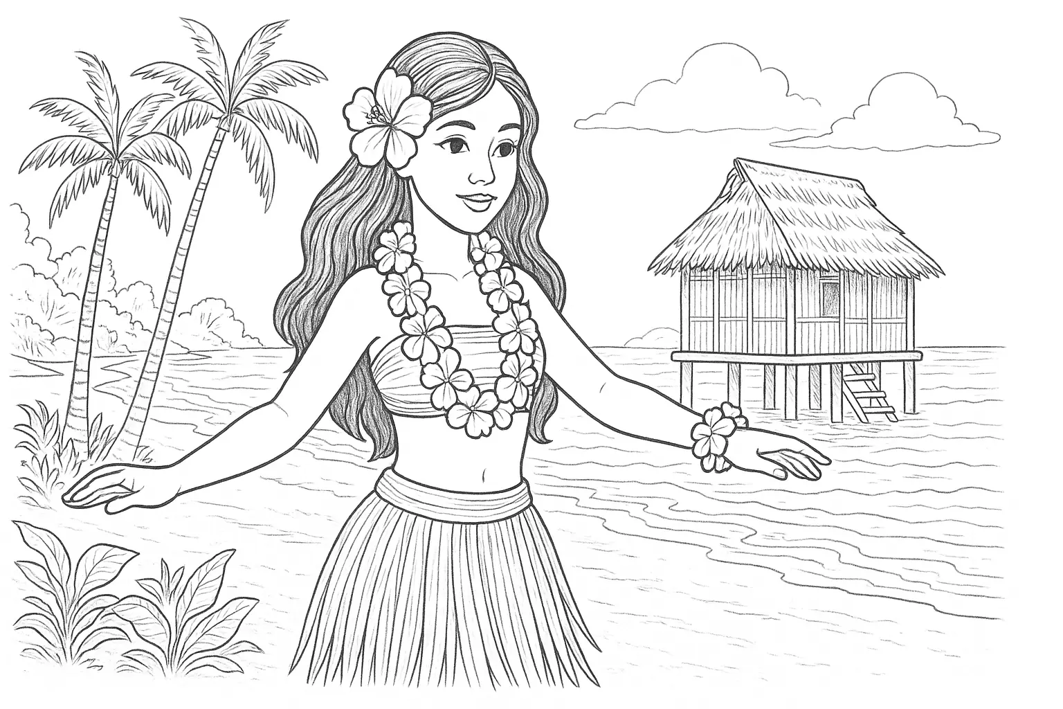 Hula-Tänzerin am Strand – Ausmalbild mit Südsee-Stimmung