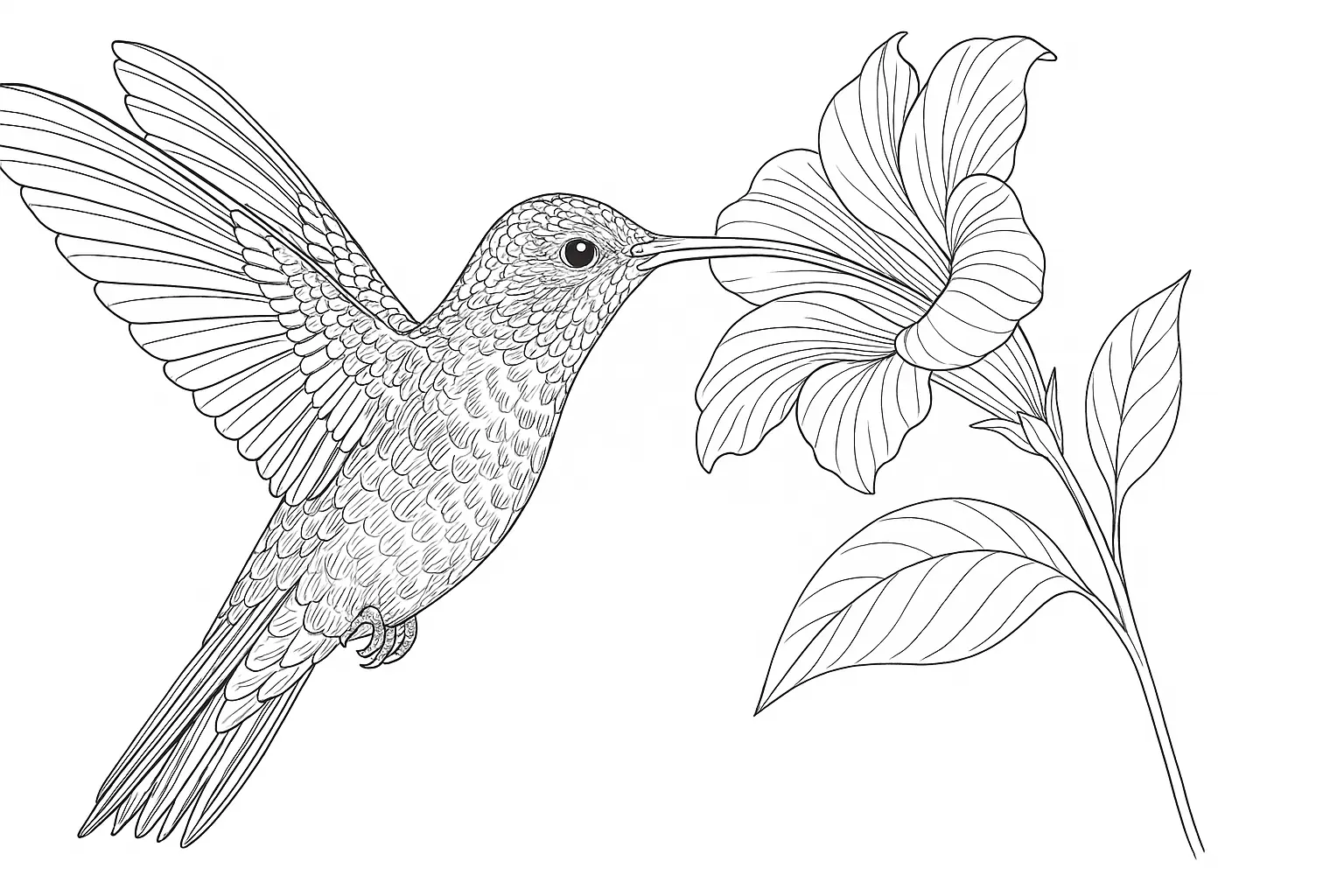 Kolibri an einer Blume – Ausmalbild als A4-PDF zum Drucken