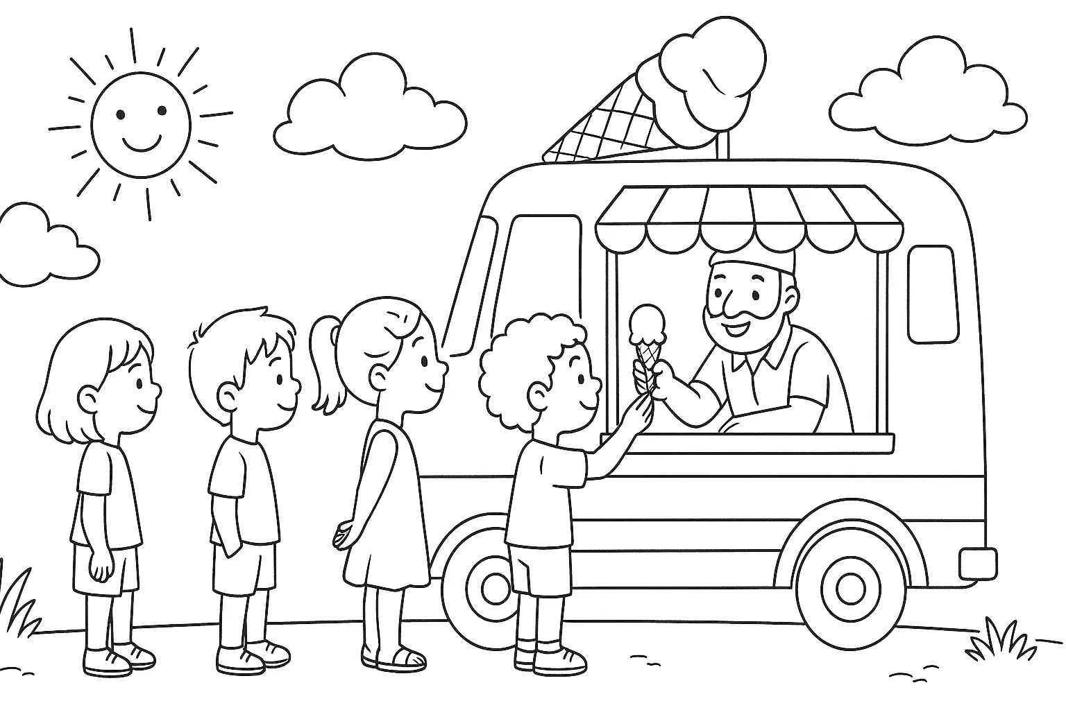 Sommerlicher Eiswagen mit Kindern – Ausmalbild zum Gestalten