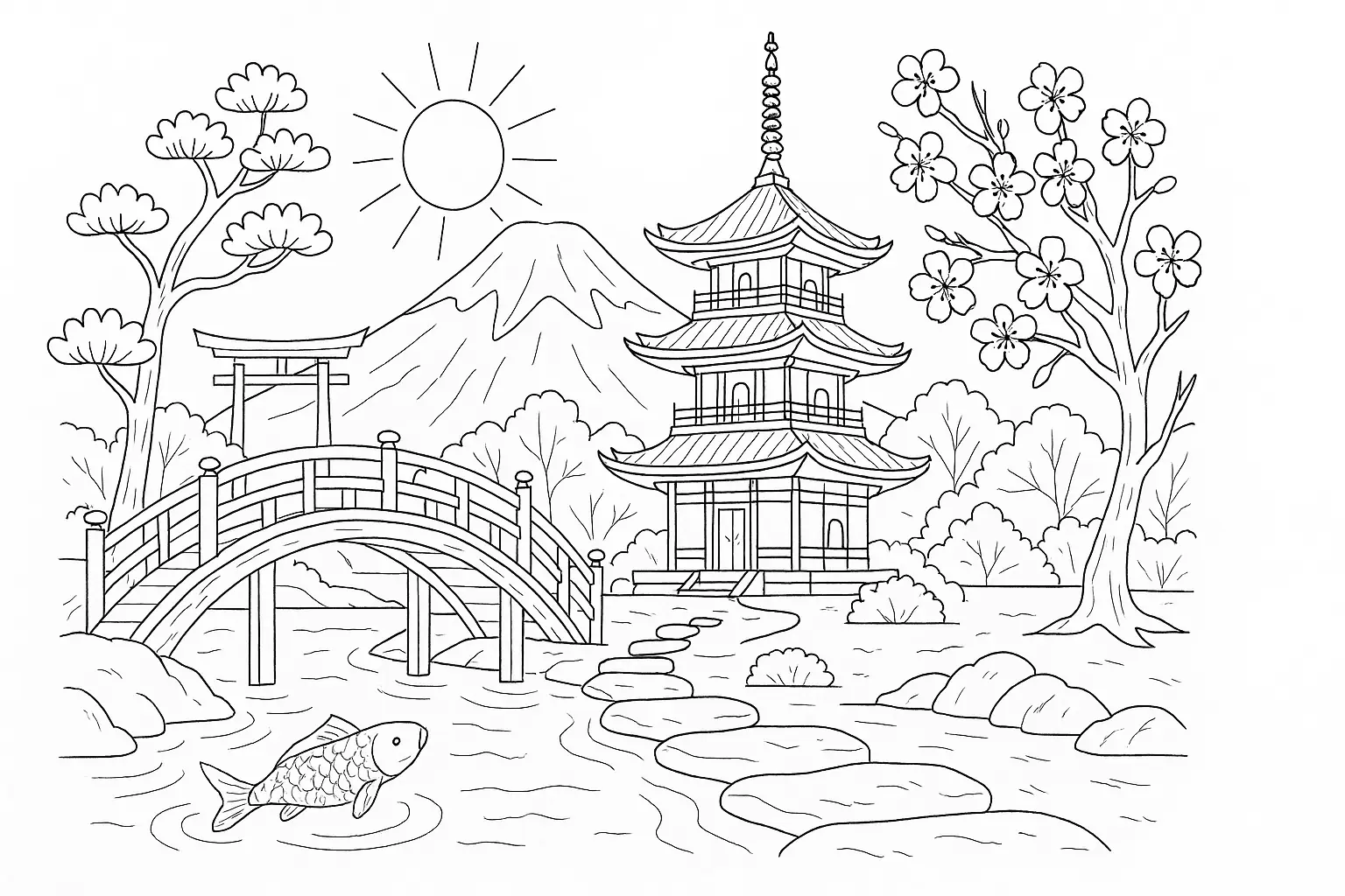Japanischer Garten – Ausmalbild mit Pagode & Karpfen