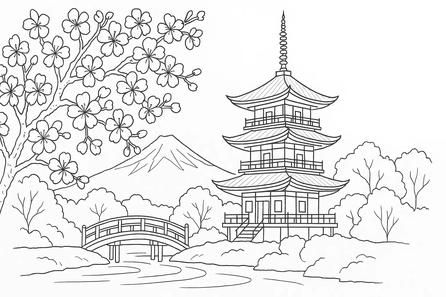Japanische Pagode mit Fuji &amp; Kirschblüten – Ausmalbild