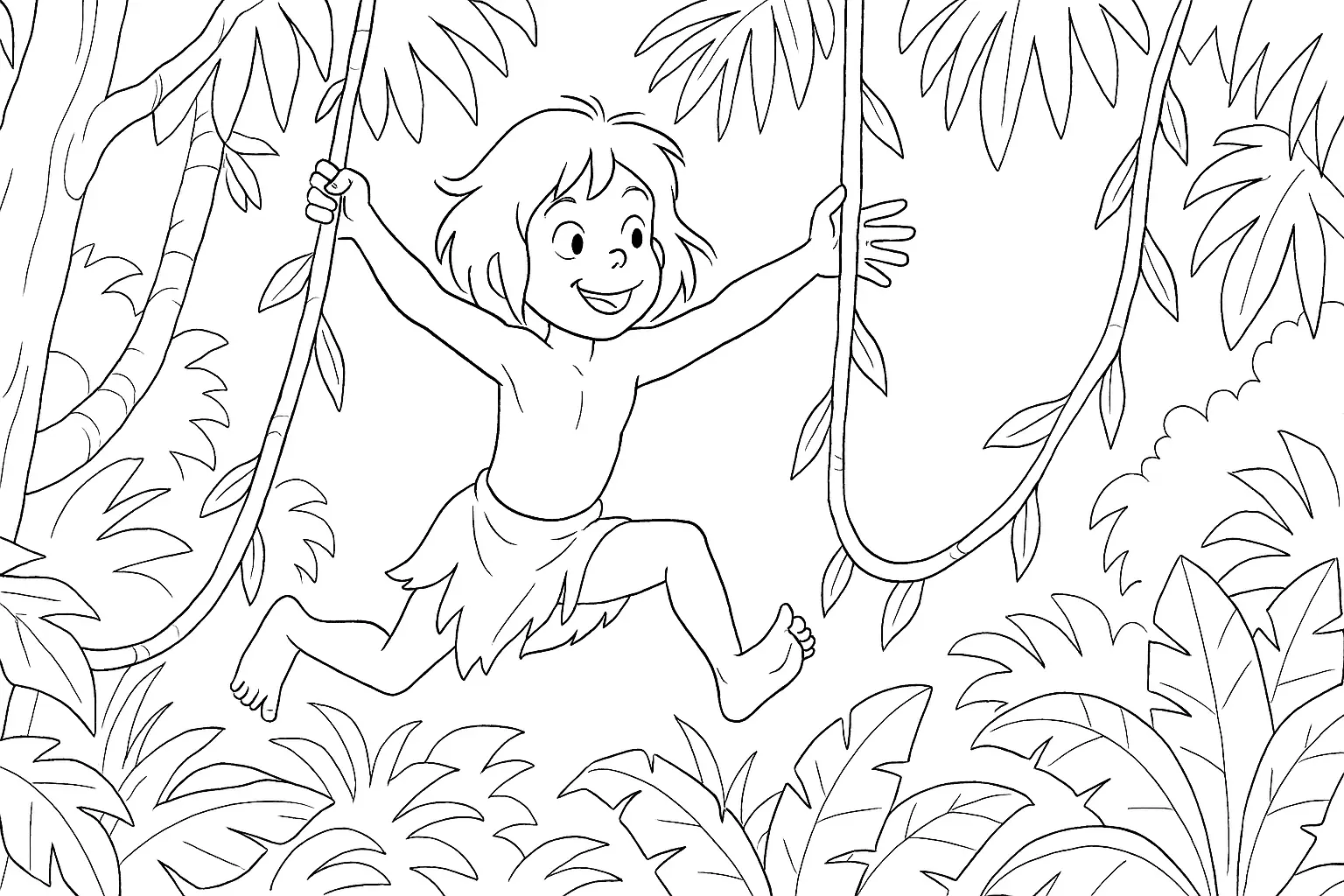Dschungeljunge an Lianen – Ausmalbild für wilde Abenteuer