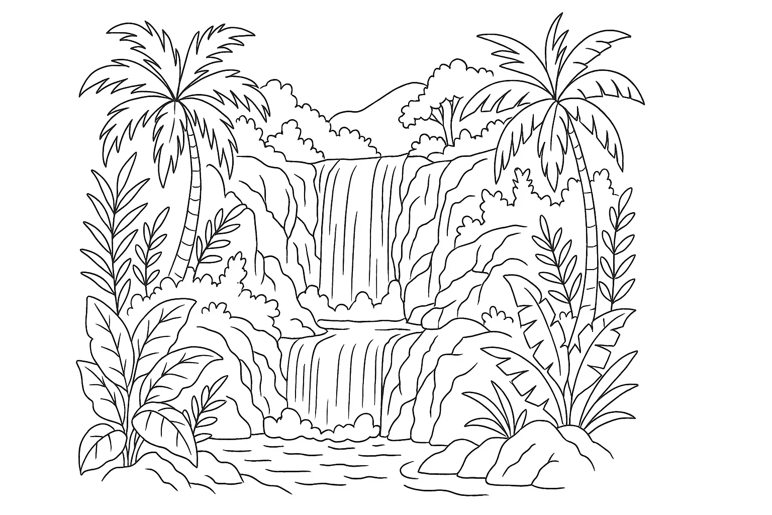 Wasserfall im Dschungel – Ausmalbild mit Tropenmotiv
