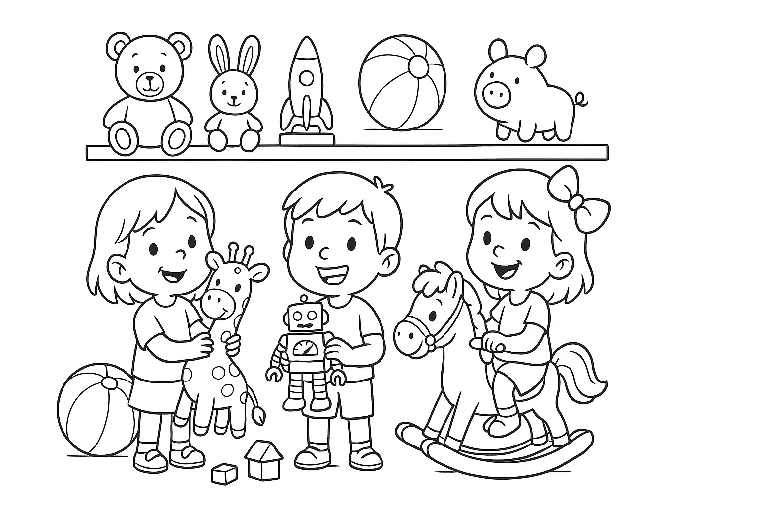 Kinder beim Spielen – fröhliches Ausmalbild mit Spielzeug