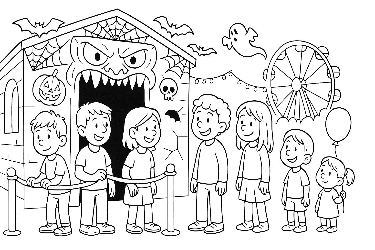 Kinder vor Geisterbahn – Ausmalbild für Kinder