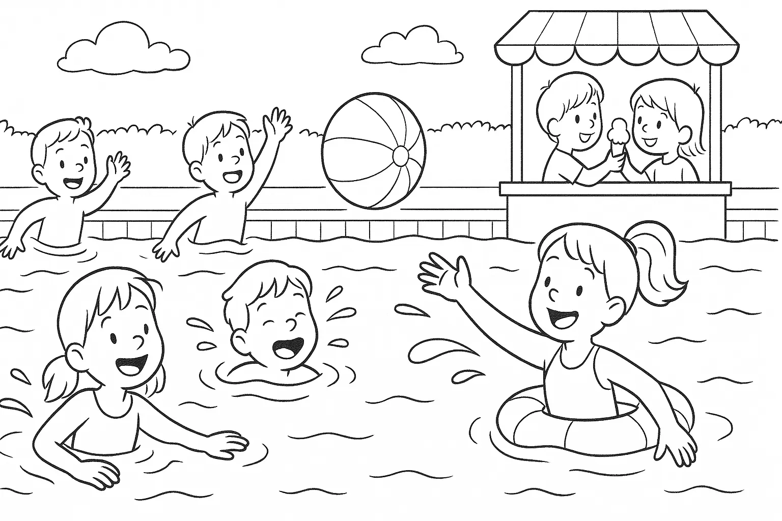 Kinder im Schwimmbad – Ausmalbild kostenlos herunterladen