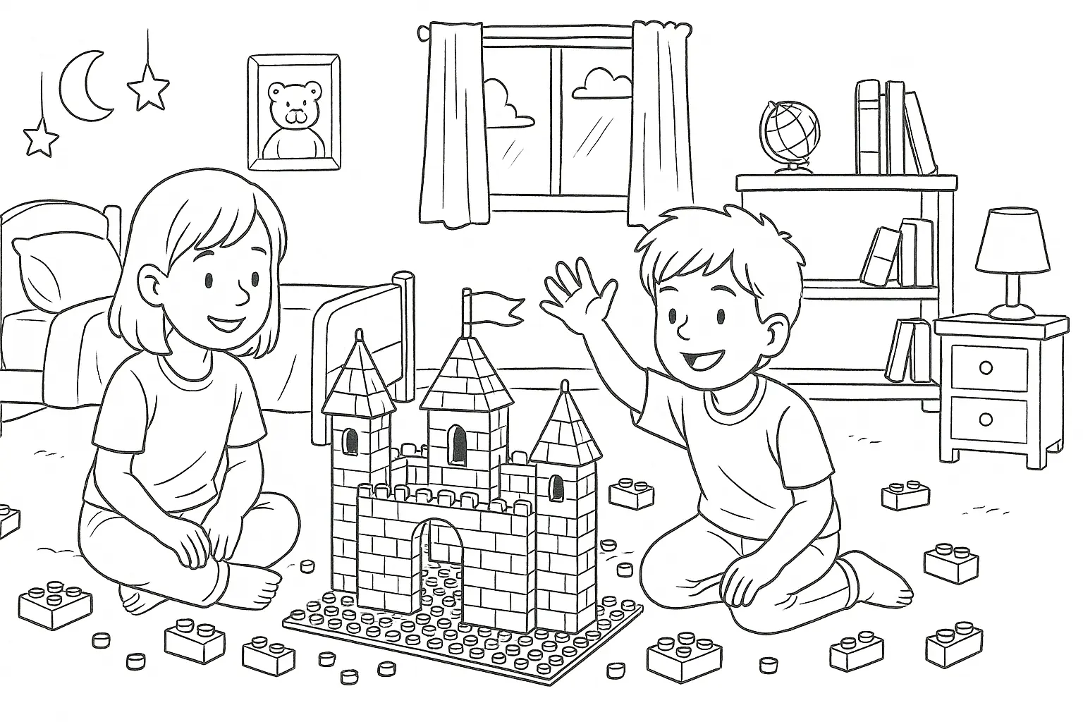 Kinder bauen ein Schloss aus Bausteinen – Malvorlage PDF