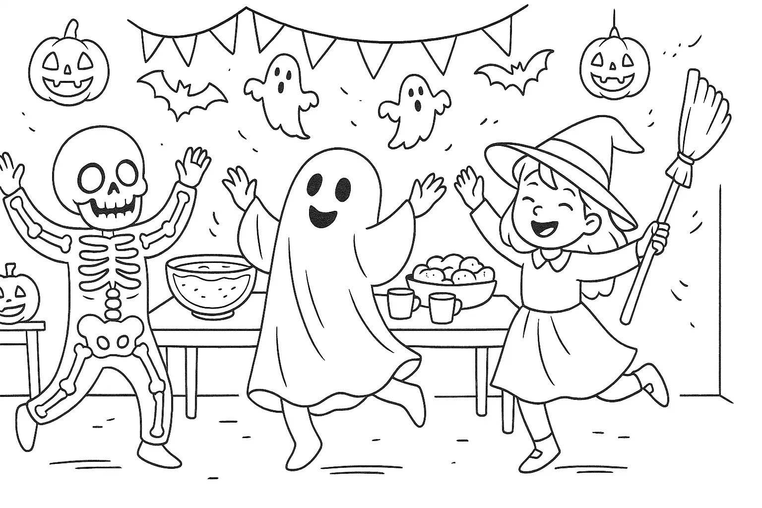 Kinder feiern Halloween – Ausmalbild mit Kostümen & Spaß