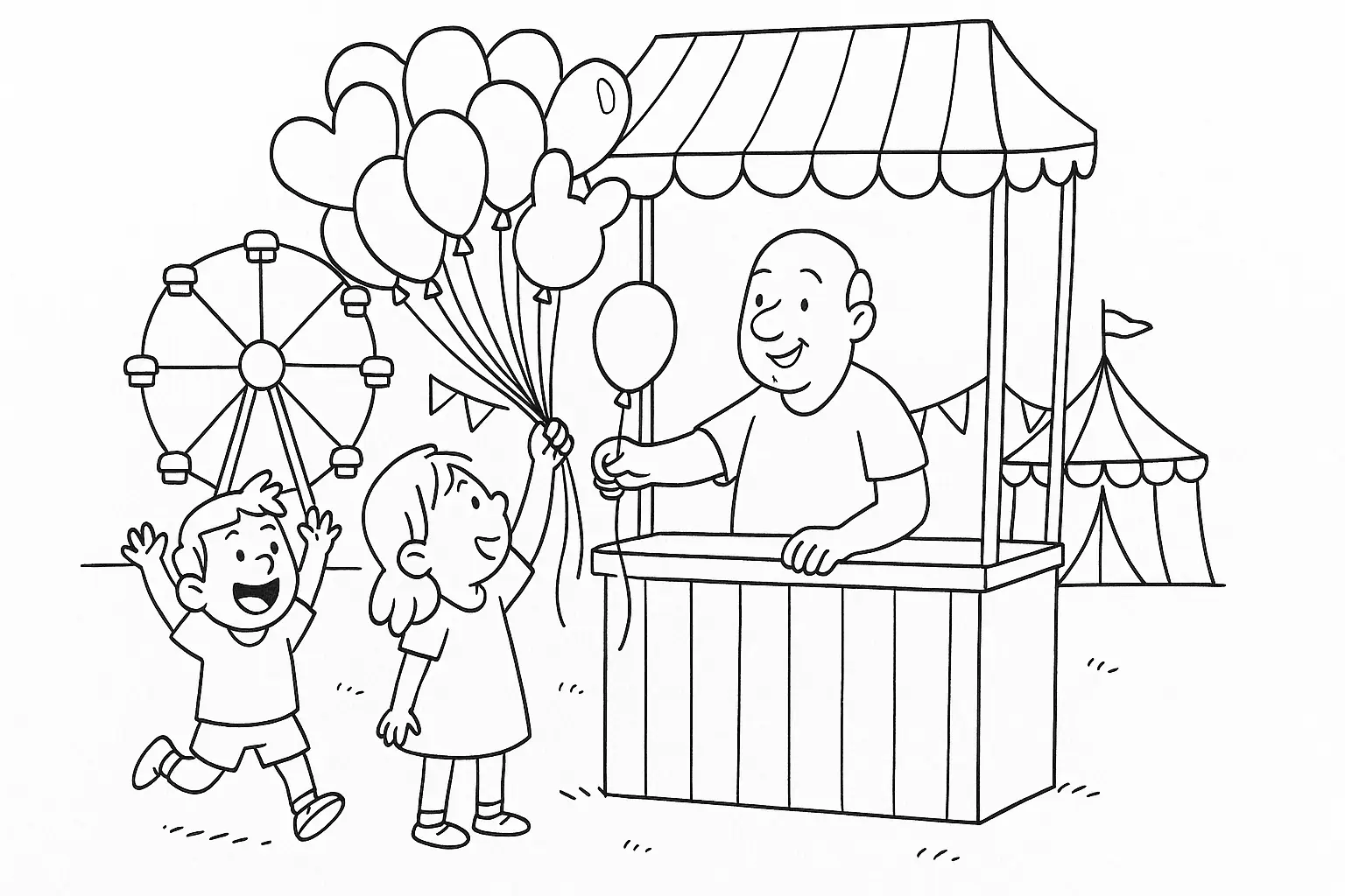 Kinder freuen sich über Ballons – Jahrmarkt Malvorlage