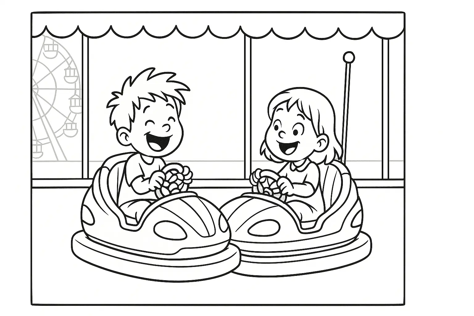 Ausmalbild mit Kindern im Autoscooter – Jahrmarkt Vorlage