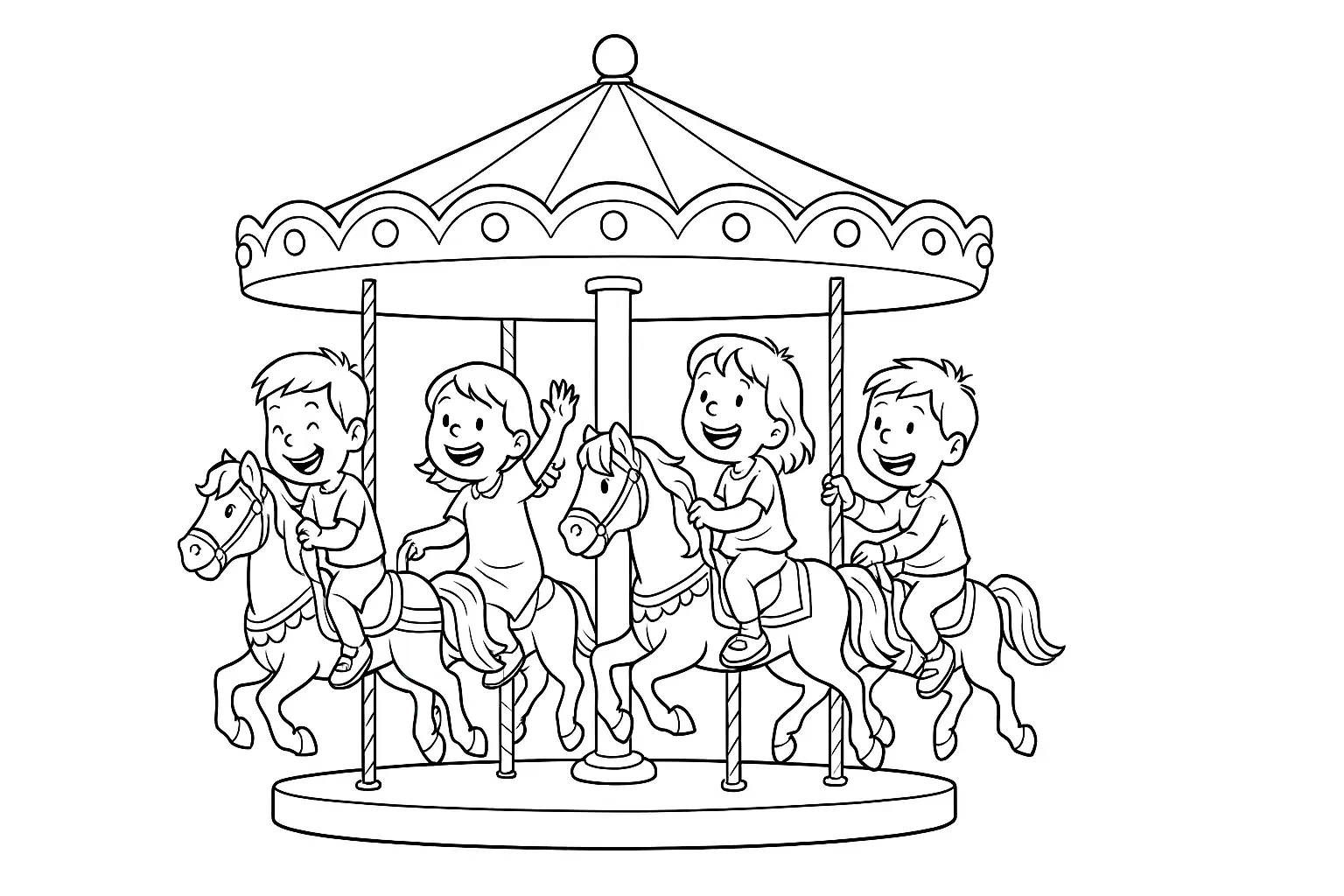 Ausmalbild mit Kindern auf dem Karussell – jetzt herunterladen