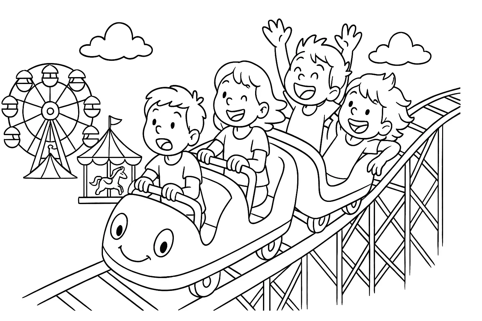 Ausmalbild mit Kindern auf der Achterbahn jetzt drucken