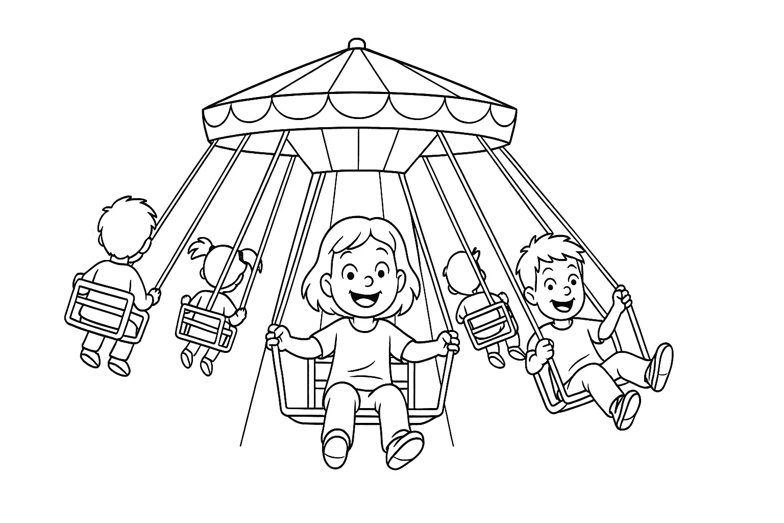 Fröhliches Ausmalbild mit Kindern auf dem Kettenkarussell