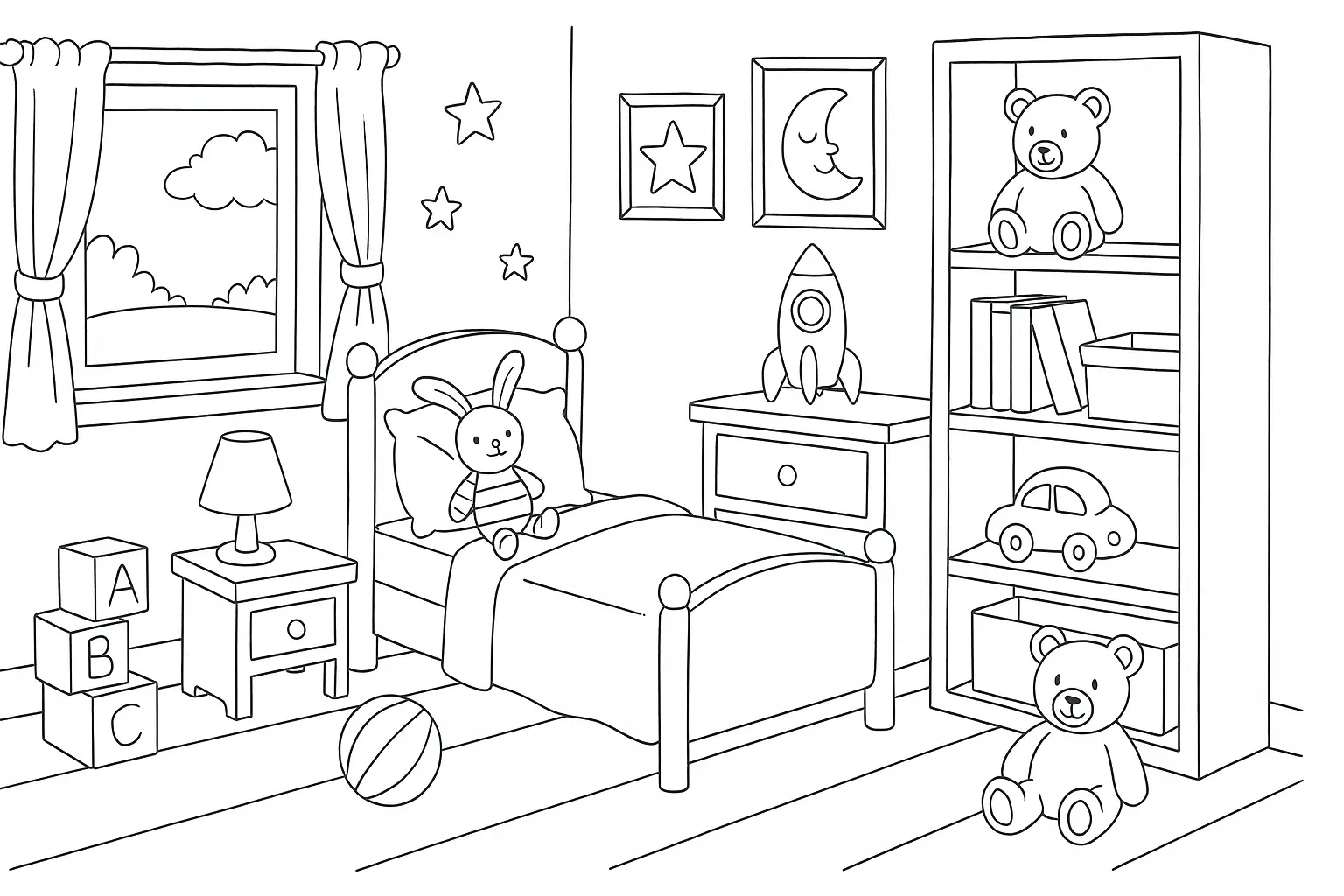 Kinderzimmer mit Spielzeug – PDF-Ausmalbild zum Herunterladen