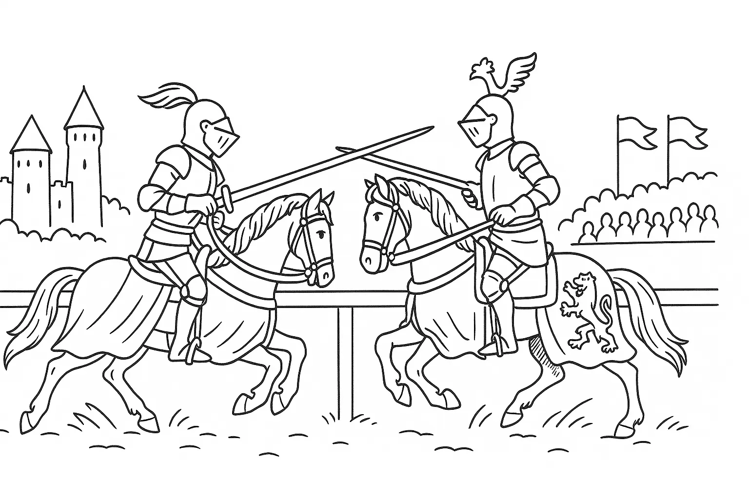 Ausmalbild mit Rittern im Lanzenkampf beim Turnier drucken