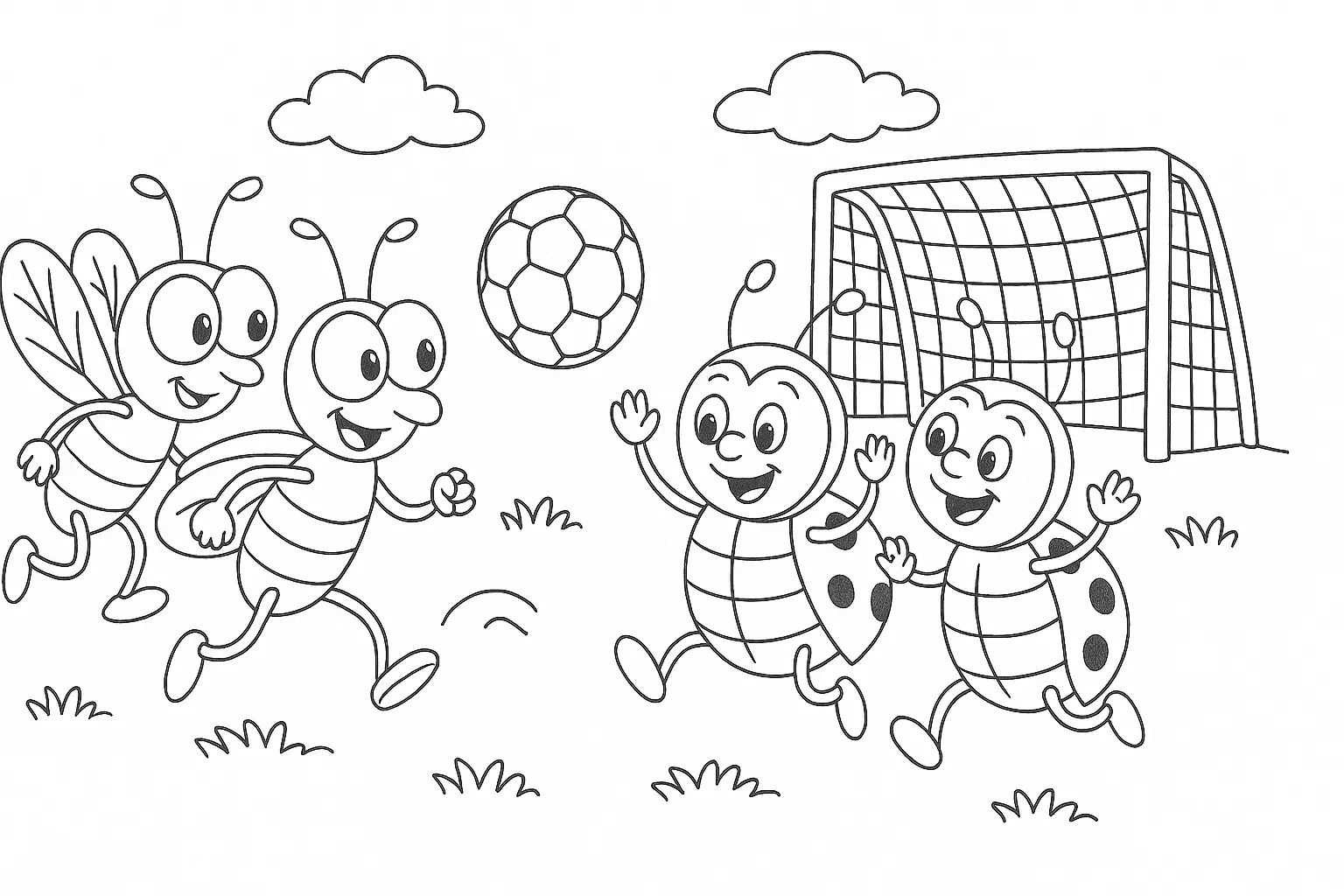 Marienkäfer und Bienen spielen Fußball – lustige Malvorlage