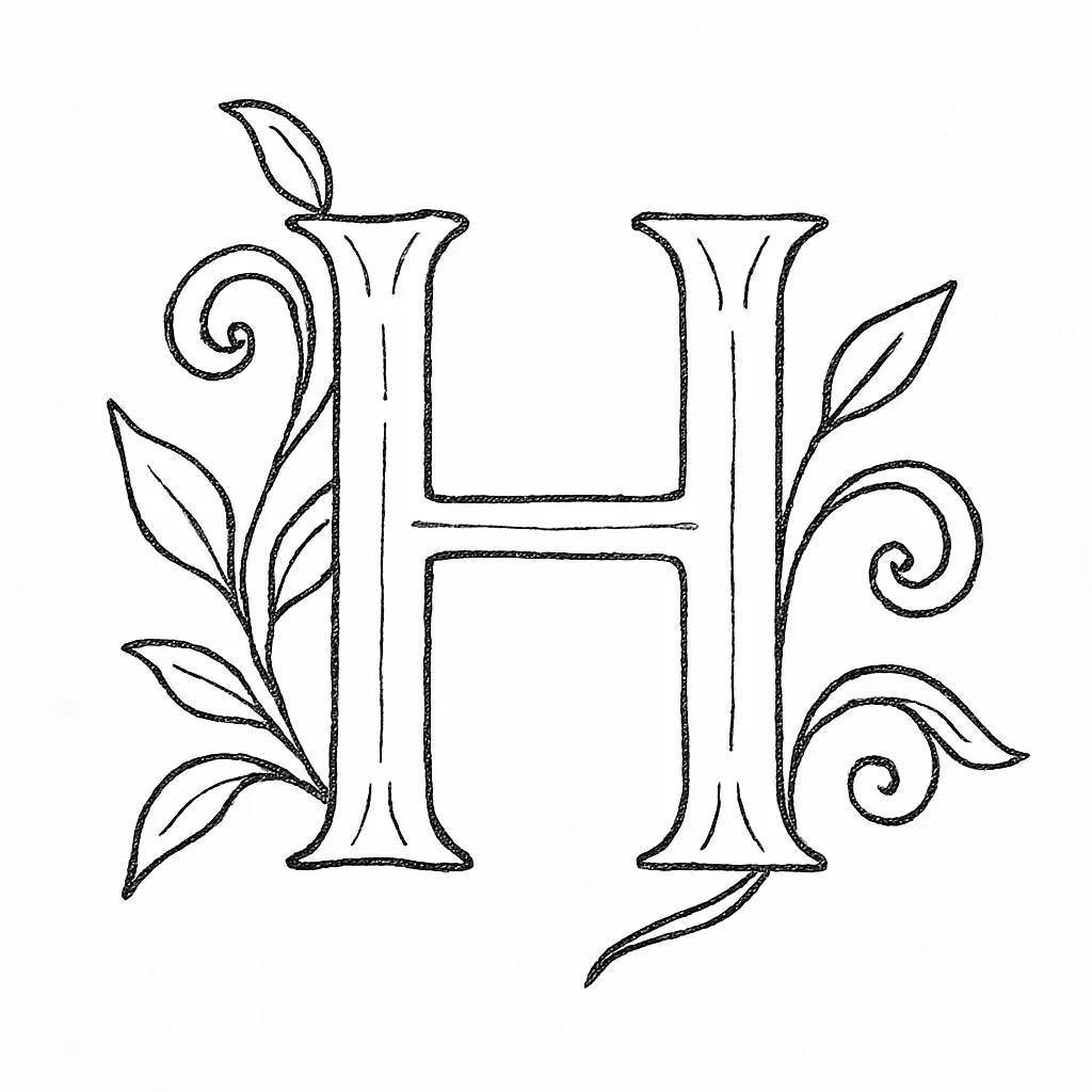 Buchstabe H verziert – Ausmalbild mit floraler Gestaltung