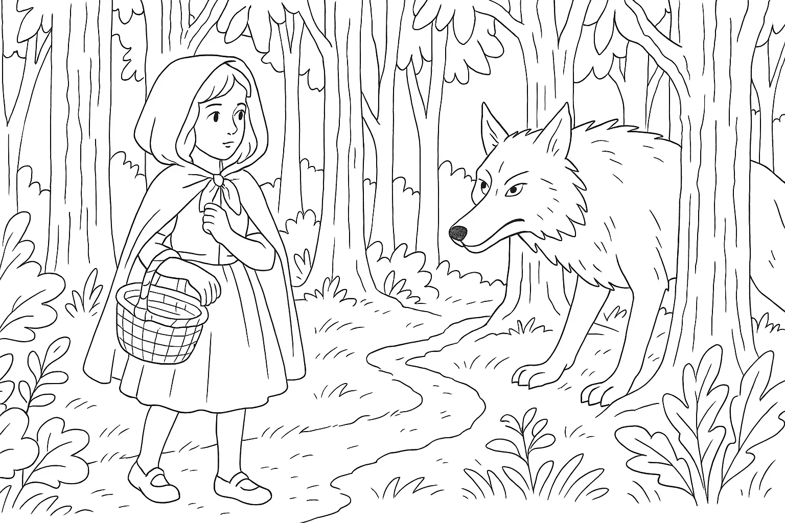 Rotkäppchen Malvorlage mit Wolf im Wald jetzt kostenlos