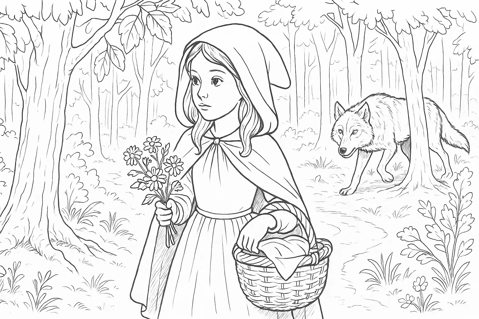 Rotkäppchen im Wald mit Wolf